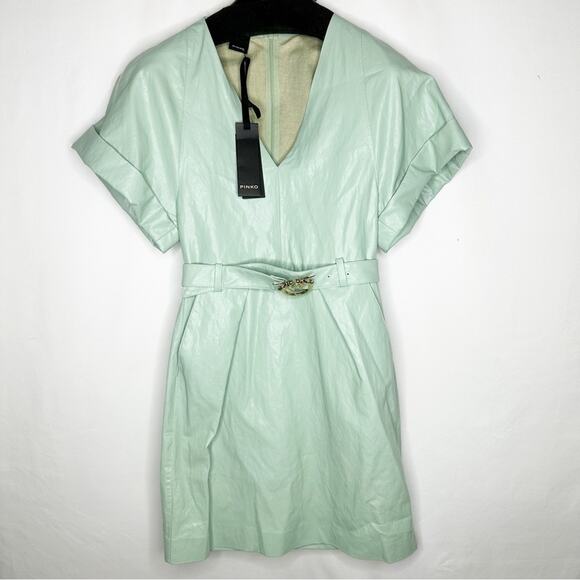 PINKO Green V-Neck Mini Dress Vegan Leather NWT in Size IT38 (XS) - Picture 1 of 10